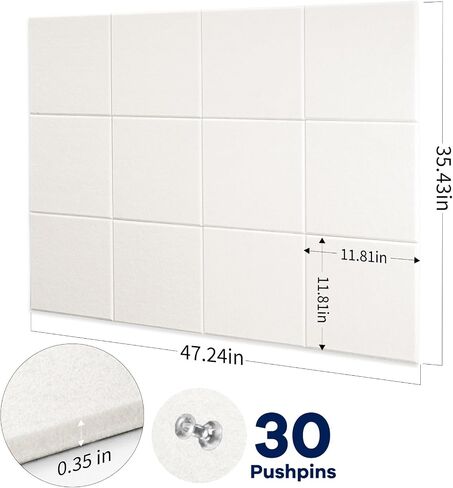 Bulletin Board 48 x 36 inches, 12 Count 11.8 x 11.8in Square Felt Wall Tiles with Self Adhesive Tape, DIY Vision Board for Cubicle, 4' x 3' Corkboard Alternative for Wall with 30 Pushpins - White in Saudi Arabia