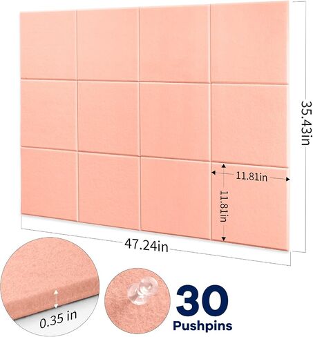 Bulletin Board 48 x 36 inches, 12 Count 11.8 x 11.8in Square Felt Wall Tiles with Self Adhesive Tape, DIY Vision Board for Cubicle, 4' x 3' Corkboard Alternative for Wall with 30 Pushpins - White in Saudi Arabia