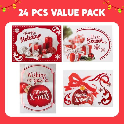 JOYIN 24PCS Christmas Holiday Cards Set of 4 Diverse Red Festive Designs with Envelopes for Merry Christmas Season, present Giving, Xmas Gifts Cards, Wintertime Gifts Cards in Saudi Arabia