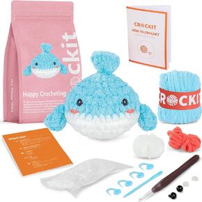 CROCKIT Crochet Kit for Beginners, Beginner Crochet Kit for Adults Kids Christmas Gifts, DIY Knitting Animal Kit, Amigurumi Crochet Starter Kit with Step-by-Step Video Tutorials（Whale）