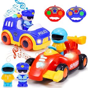 Remote Control Car Toys for Kids: 2 Pack Police & Race RC Cars for 3 4 5 6 7 8 Year Old Boys Cartoon Cars Toy with LED Light & Music Birthday Gifts for Toddlers Ages 3-5