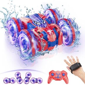 4WD Waterproof RC Car, 2.4 GHz Amphibious Remote Control Car Remote Control Boatfor Kids, 360°Rotation RC Truck Stunt Car with LED Lights, Boys Girls Gifts All Terrain Water Beach Pool Toy