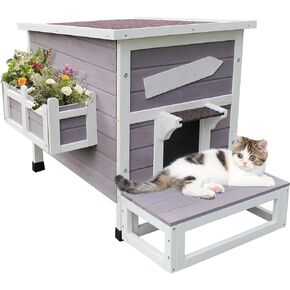 HiCaptain Outdoor Cat House for Feral Cats, Weatherproof Outside Cat Shelter Wooden 2 Story Large Kitty House with Escape Door-Grey