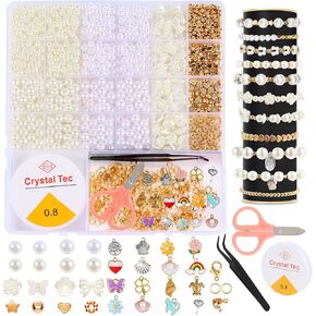 1200Pcs Pearl Beads for Bracelets, Bracelet Making Kit for Adults, Kids Friendship Bracelet Kits, Jewelry Making Kit with String and Charms for Girls Teens DIY Pearls Kit for Bracelet Necklace Earring