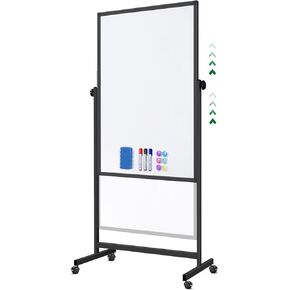 Double Sided Cork Board White Board, 32 x 48 inches Large Cork Board for Office, Height Adjustable Magnetic Dry Erase Board on Wheels, Portable Freestanding Natural Corkboard for Displaying, Planning