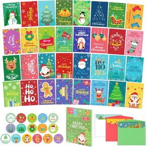 Christmas Cards, 32 Boxed Christmas Gift Cards With Envelopes and Stickers, Assorted Designs Holiday Cards Funny Christmas Cards Bulk, Greeting Season Cards Merry Christmas Thank You Cards, 4" X 6"