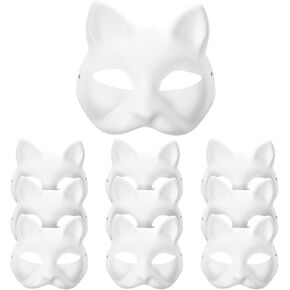 Toddmomy Halloween Blank Cat Masks 10Pcs White Cat Masquerade Masks Therian Mask DIY Unpainted Masquerade Masks for Kids Cosplay Birthday Party Favors