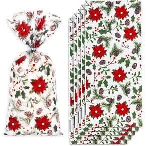 Whaline 160Pcs Christmas Cellophane Treat Bags with 200Pcs Twist Tie Holly Berry Poinsettia Party Gift Bags Rustic Plastic Candy Goodie Bags for Xmas Snacks Cookies Packing Supplies