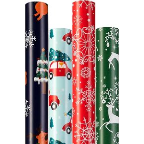 Christmas Wrapping Paper for Gifts (4 Rolls: 148 sq. ft. ttl) Funny Candy Santas, Reindeer, Christmas Tree, Snowflakes, Red Car Truck - 30 inches x 14.8 feet Per Roll - Christmas Elements Collection