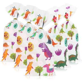 Mikzhskr 30PCS Dinosaur Party Favor Bags Dinosaur Party Decorations Cookie Goodie Candy Gift Bags Cellophane Treat Bags with 30 Pcs Gold Twist Ties for Dinosaur Themed Birthday Party Supplies