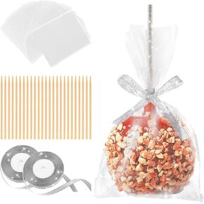 MGWOTH Candy Apple Bags and Sticks Set of 50, Caramel Apple Wrapping Kit with Bamboo Skewer for Rice Krispie Treat, Fruit Pop Golden Glitter Ribbon Wrapper for Party Birthday Wedding Christmas Dessert
