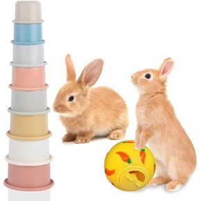 8PCS Stacking Cups for Rabbits and a 1PCS Ball for Rabbits,Stackable Bunny Toys,Multi-Size Reusable Rabbit Supplies,Parrot Enrichment Toys and Guinea Pig for Hiding Food and Playing