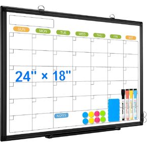 Dry Erase Calendar Whiteboard for Wall, 36" x 24" Magnetic Monthly White Board Calendar, Black Aluminum Frame