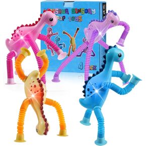 Pop Tubes Sensory Toys for Girls Boys 4 Pcs,Bendable Telescopic Suction Cup Dinosaur Fidget Toy for Kids with ADHD or Autism,Easter Basket Stuffer Gifts for Kids Toddlers