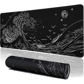 MEWOOCUE® Large Gaming Mouse Pad for Computer,Black Japanese Sea Wave Anime Mouse Mat,Long XXL Waterproof Keyboard Pads,Big Non-Slip Mouse Pads for Game Office Home（31.5 x 11.9 in）