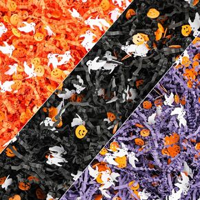 FOIMAS Halloween Crinkle Cut Paper,9.87oz Black Orange Purple Shred Raffia Paper with Pumpkin Ghost Confetti for Trick or Treat Halloween Bakset Gift Packaging Supply