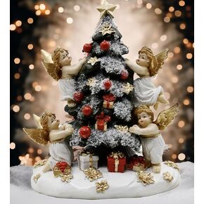 Christmas Tree with Gifts Statue Decorated by Angels, Holiday Decor, Mantel or Table Figurine, 8 Inches (Green, Red and Gold)