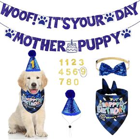 Dog Birthday Party Supplies, Boys Dog Birthday Headscarf Sets, Dog Bow Tie, Birthday Banner, Scarf and Digital Hat, Suitable for Small and Medium Large Dog