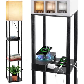 Dott Arts Floor Lamp with Shelves, Shelf Lamp with Wireless Charger & USB A+C Ports & 2 AC Outlets,3 Color Temperature Corner Tall Standing Floor Lamps for Living Room, Bedroom, Office (Brown)