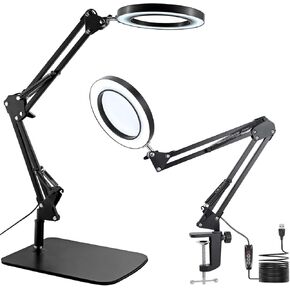 15X Magnifying Glass with Light, Table Lamp with Stand and Clamp, 2-in-1 LED Desk Lamp with Magnifier, 3 Color Modes, 72 LEDs, Real Glass Lens for Close Works, Craft, Hobby, Painting, Reading, Repair