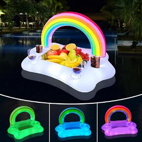Inflatable Rainbow Cloud Pool Drink Holder with Colorful Lights, Solar Powered Floating Pool Serving Bar Cooler Drink Float with 4 Cup Holders, Rainbow Drink Floatie for Pool Party, Hot Tub.