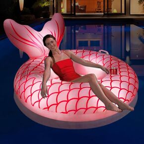 Mermaid Inflatable Pool Float Chair, Solar Powered Pink Pool Float with Lights, Pool Lounger Float with Cup Holder & Handles, Large Beach Floats for Ocean, Pool Raft Water Floats for Adults