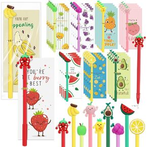Spakon 36 Set Operation Christmas Thank You Gifts Bulk for Students Cartoon Fun Pens Funny Pun Cards Bookmarks Christmas Student Gifts Stocking Stuffers for Class Coworkers Birthday(Fruit Style)
