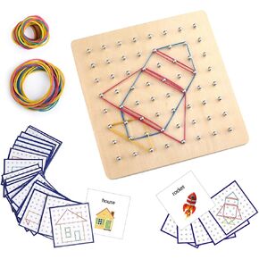 Thoth Montessori Wooden Geoboard Mathematical Manipulative Material Array Block Geo board with 36Pcs Pattern Cards and Rubber Bands Matrix 8x8 for Kids Graphical Educational Toys Early Development Toy