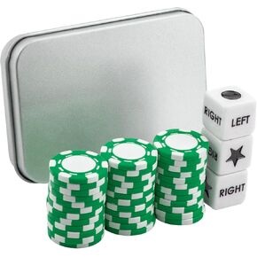 Left Right Center Dice Game Set with 3 Dices + 36 Green Poker Chips and Silver Storage Box