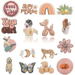 16PCS Pink Boho Iron on Patches, Cute Girl Bohemian Rainbow Sunshine Embroidered Iron on Patches for Clothes, Butterfly Custom Applique for Kids, Hats, Jeans, Jackets, Bags, Backpacks, Dress