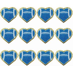 12 PCS Blue Football Heart Patch Football Iron On Patches Golden Edges Chenille Football Sports Patches for DIY Clothes