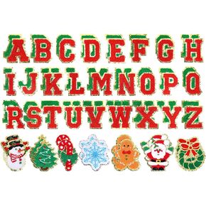 66Pcs Christmas Chenille Patches Red Green A to Z Letters Santa Snowman Heat Transfer Iron Patches Embroidered Cloth Patches for Clothing Fabric Xmas DIY Crafts