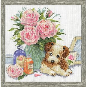 Design Works Crafts Puppy with Roses Counted Cross Stitch Kit, White, by The Yard
