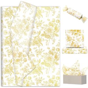 JarThenaAMCS 100 Sheets Floral Tissue Paper Gold Flower Gift Wrapping Paper Vintage Decorative Art Paper for Home Party DIY Crafts Supplies, 14 x 20 Inch