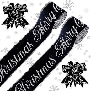 Whaline 2 Rolls Christmas Velvet Wired Ribbon 2.5 Inch Merry Christmas Velvet Ribbon Black Silver Glitter Xmas Decor Wrapping Ribbon for Gift Wrapping Bow Wreath Crafts Home Decor, 20 Yards