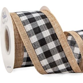 Ribbli Christmas Burlap Wired Ribbon, Buffalo Plaid with Burlap Ribbon 2-1/2 Inch x Continuous 10 Yard, Christmas Ribbon for Tree, Gift Wrapping, Big Bow, Wreath-Black/White/Natural