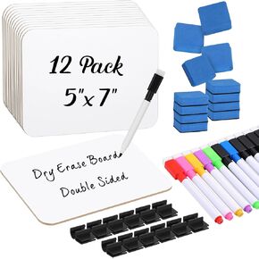 12 Sets Small White Board Dry Erase Boards 5"x7'' Mini Double Sided Dry Erase Lap Boards with Markers Erasers Pen Holders Personal Whiteboards for Students Classroom Teacher