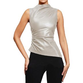 CORIRESHA Women's Faux Leather Pleated Sleeveless Asymmetrical Mock Neck Slim Tank Top