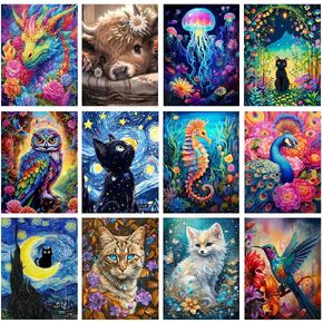 laundeet 12 Pack Black Cat Diamond Painting Kits for Adults,Animals Diamond Painting Set for Gift Home Wall Decor - 5D DIY Craft Kit with Diamonds (Modern-2)