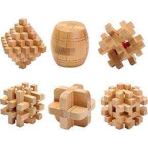 6pcs Wooden Brain Teaser Puzzles, Interlocking Games for IQ Test, Intellectual 3D Assembling Educational Toy Set for Teens and Adults (6 Puzzle Set#E05)