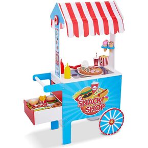 Lil’ Jumbl Wooden Snack Shop Playset | Kids Play Pretend Hot Dog Stand Push Cart w/ 125+ Burger, Fries, Pizza & Ice Cream Toy Accessories, Food Displays, Awning, Freezer, Storage Drawers & Menus in Kuwait