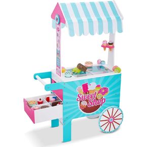 Lil’ Jumbl Wooden Snack Shop Playset | Kids Play Pretend Hot Dog Stand Push Cart w/ 125+ Burger, Fries, Pizza & Ice Cream Toy Accessories, Food Displays, Awning, Freezer, Storage Drawers & Menus