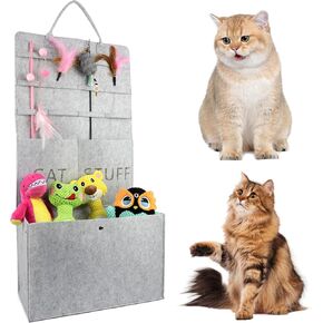 Cat Toy Storage Box for Wand Toys, Durable Pet Storage Organizer with Handle for Cat Feather Toy Foldable Storage Hanging Bag for Keeping Teaser Wand Toys, Grey