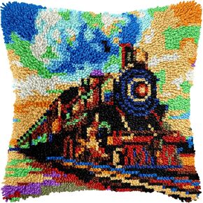 Old Steam Train Latch Hook Kits Pillow Colorful Printed Cushion Crochet Yarn Needlework DIY Hook Latch Kit Pillowcase Rug Cover Home Sofa Christmas Decor 43x43cm(4)