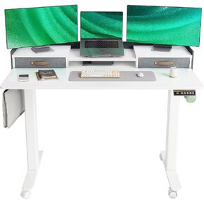 YDN Standing Desk with Drawers, 55 Inch Standing Desk Adjustable Height, Adjustable Electric Stand Up Sit Stand Small Desk with Storage and Shelf, White