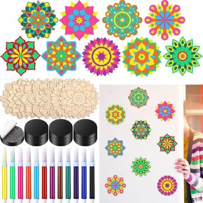 18 Pcs DIY Wooden Mandala Magnets Color Your Own Mandala Magnet Small Magnets for Crafts Self Adhesive Magnet for DIY Craft Fridge Refrigerator Magnets Pendants (Floral Style)