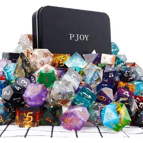 PJOY DND Sharp Edged Dice Set,7pcs Black White with Glod Flakes Resin DND Dice Set D&D Polyhedral Dice with Dice Case for Role Playing Dice Games as Dungeons and Dragons (Shadow Fall)