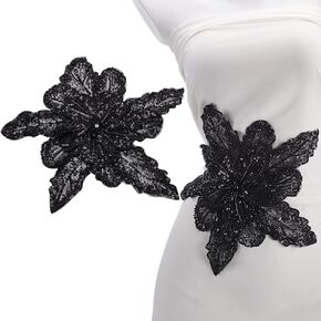 MAYJOYDIY Black 3D Sequin Flower Applique Sparkly Sew on Sequins Lace Patch with Brooch Pin Double-Layer Lace Applique Floral Pattern Patch for Party Dresses, DIY Sewing Fabric, Gothic Costumes Decor
