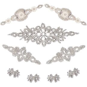FINGERINSPIRE 9 PCS Wedding Rhinestone Appliques 9.8x3.5x0.2inches Rhinestone Iron on Patch, Crystal Belt DIY Sewing Appliques, Silver Wedding Sash Applique for Bridal Wedding Dress Clothes