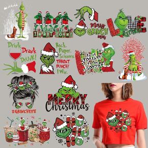 12 Sheets Christmas Iron on Transfers for T-Shirts Winter Heat Transfer Vinyl Design Cartoon Green Haired Monster Xmas Iron on Decals Patch for Hat Pillow Clothes Clothing Backpack DIY Craft Supplies